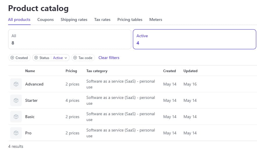 UI of Stripe's product catalog including products, coupons, and more.