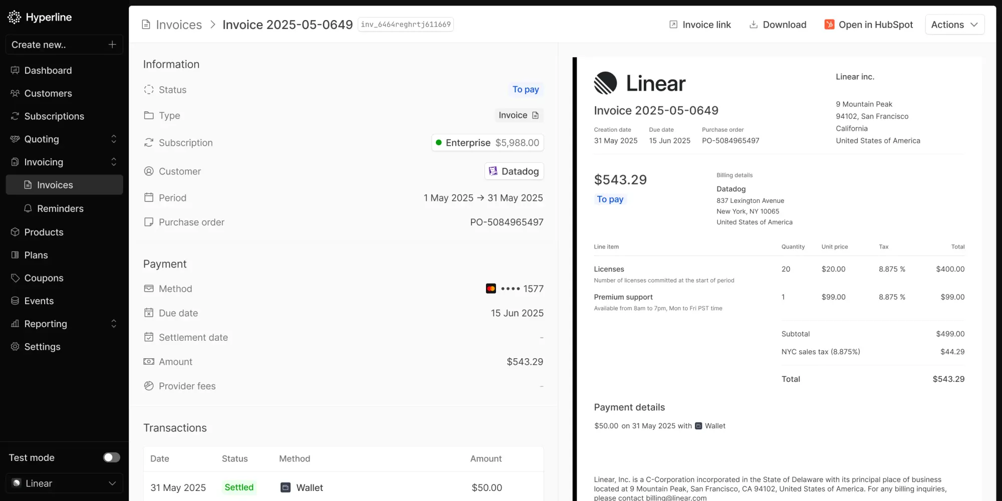 UI in Hyperline showing information for sending invoices.