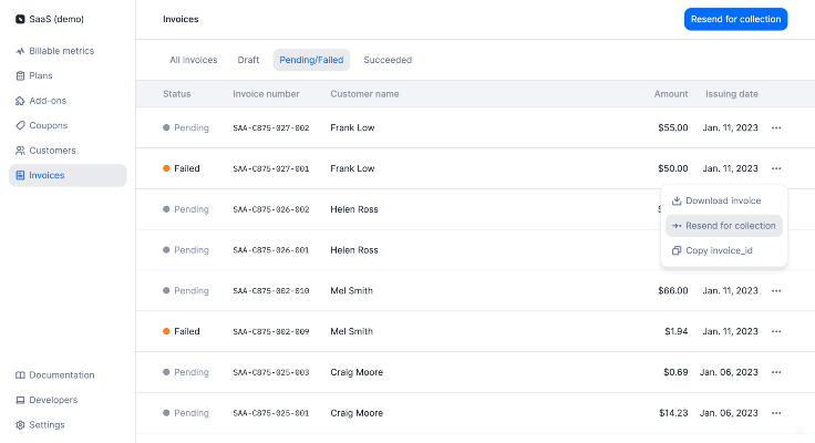 UI of Lago's Invoicing feature featuring a list with invoice statuses.