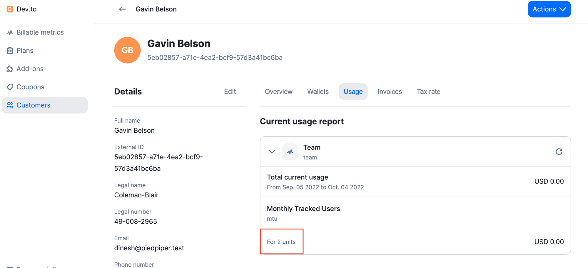 UI in Lago of a current user report on an individual level.