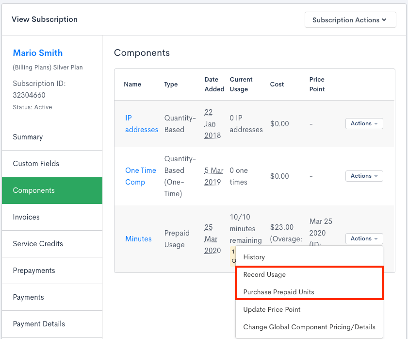 UI of Maxio's usage recording on a user subscription level.