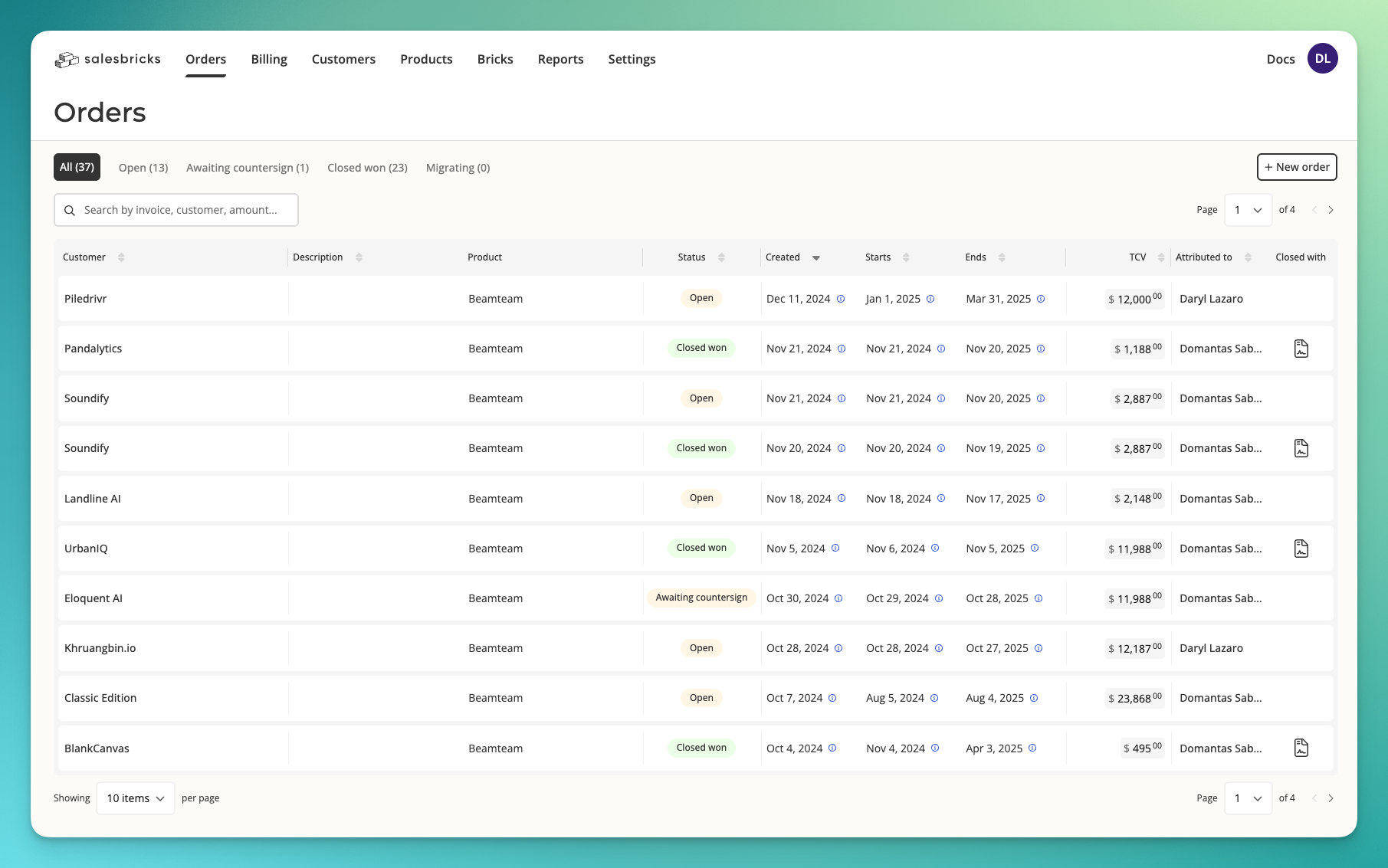 UI of "Orders" page in Salesbricks with a list of all customer orders.