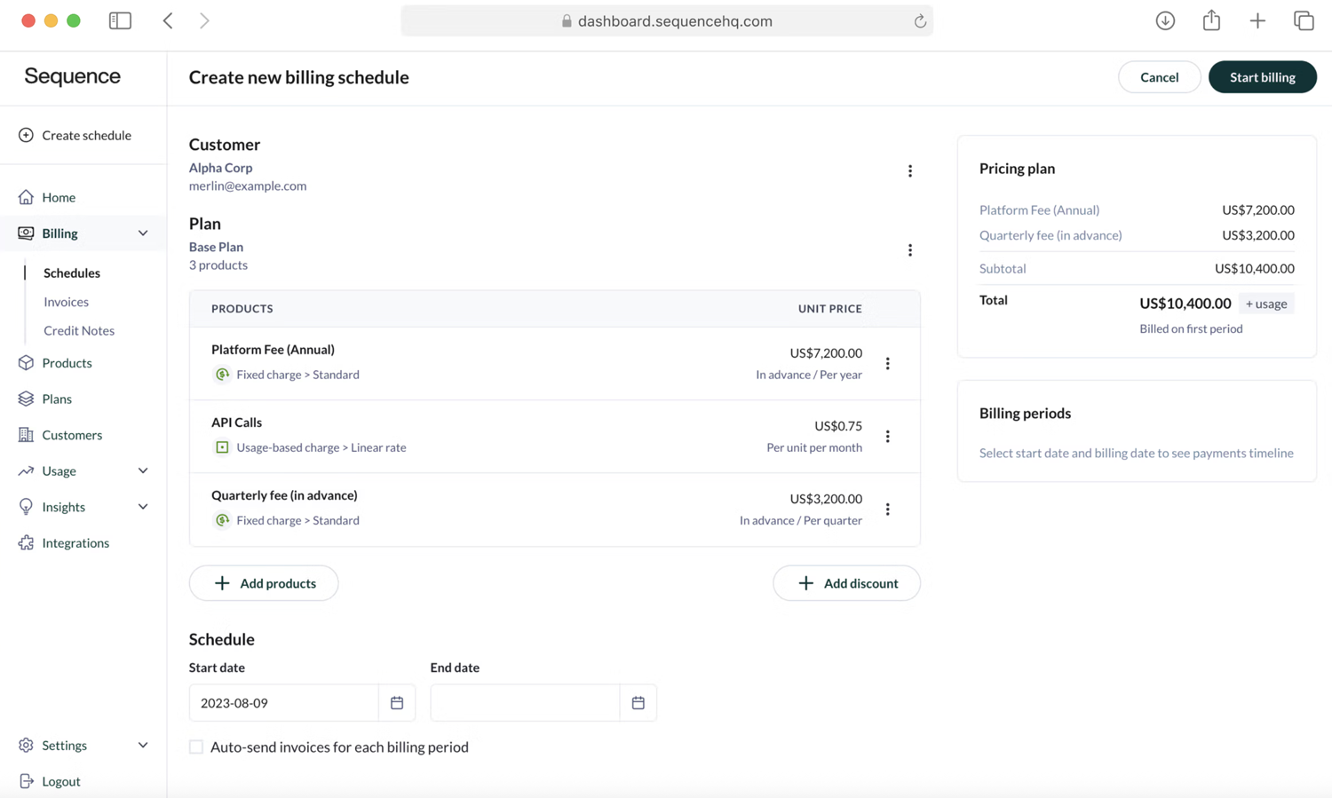 UI of billing schedule in Sequence.