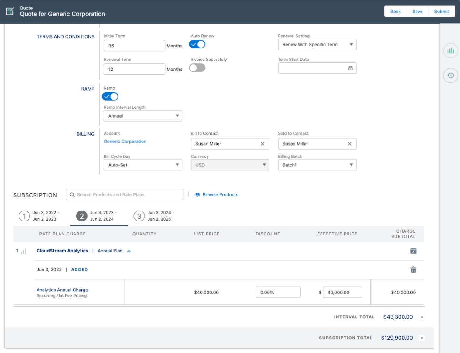 UI of Zuora's quote creation process showing T&Cs, Products, and total cost.