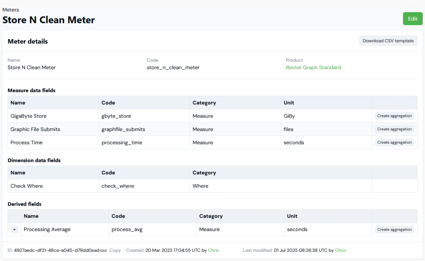 Ui of metering details in m3ter including measure data fields and dimension data fields.