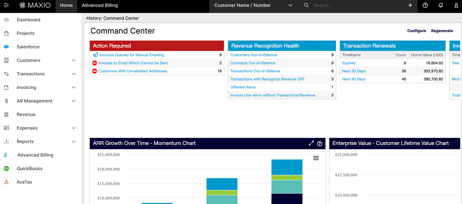 UI of the Command Center in Maxio with action items, RevRec Health, and more