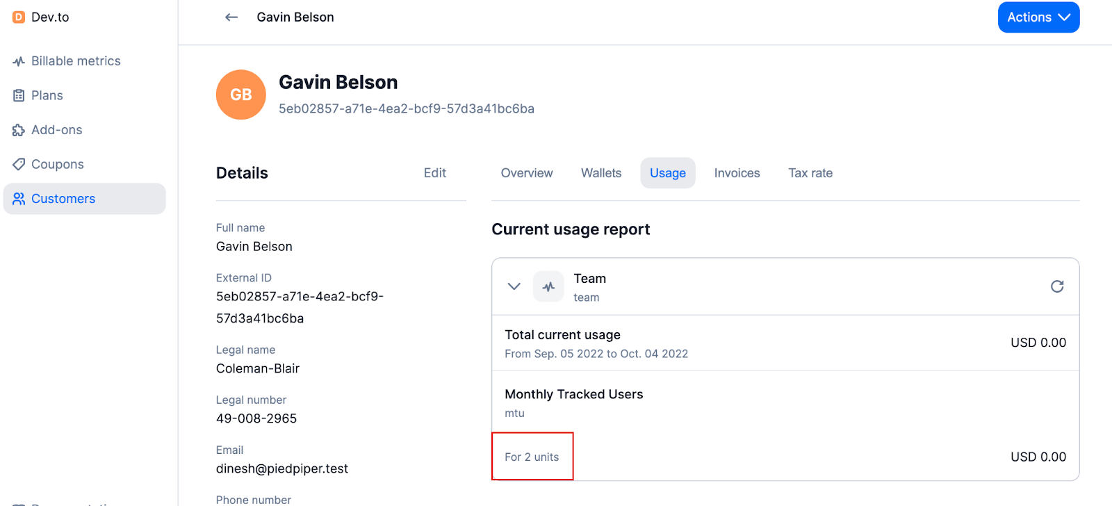 Customer profile in Lago showing total current usage.
