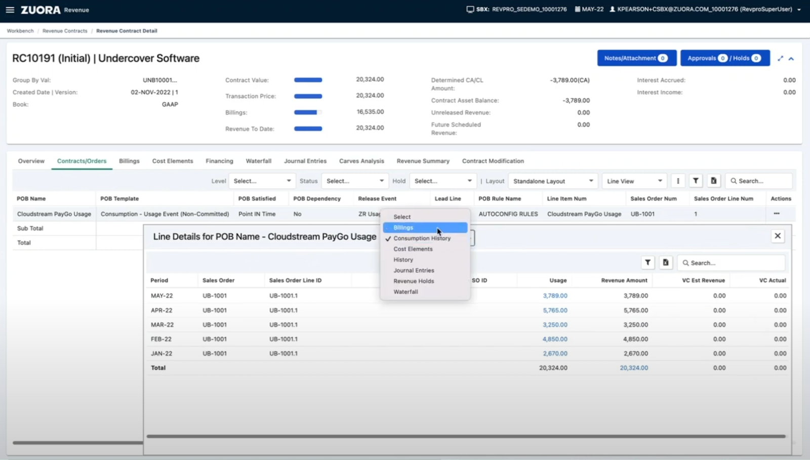 Dashboard with list view of consumption history in Zuora.