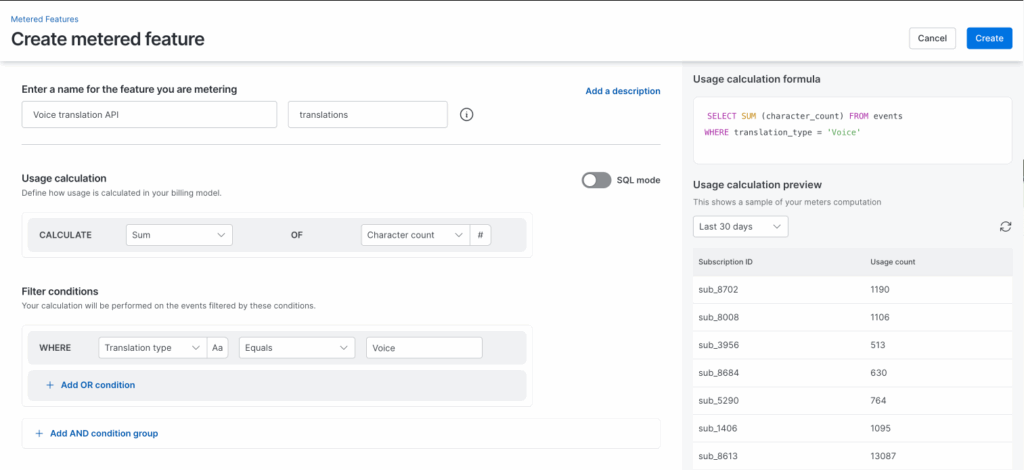 Forms and dropdown menus for setting up a metered feature in Chargebee.