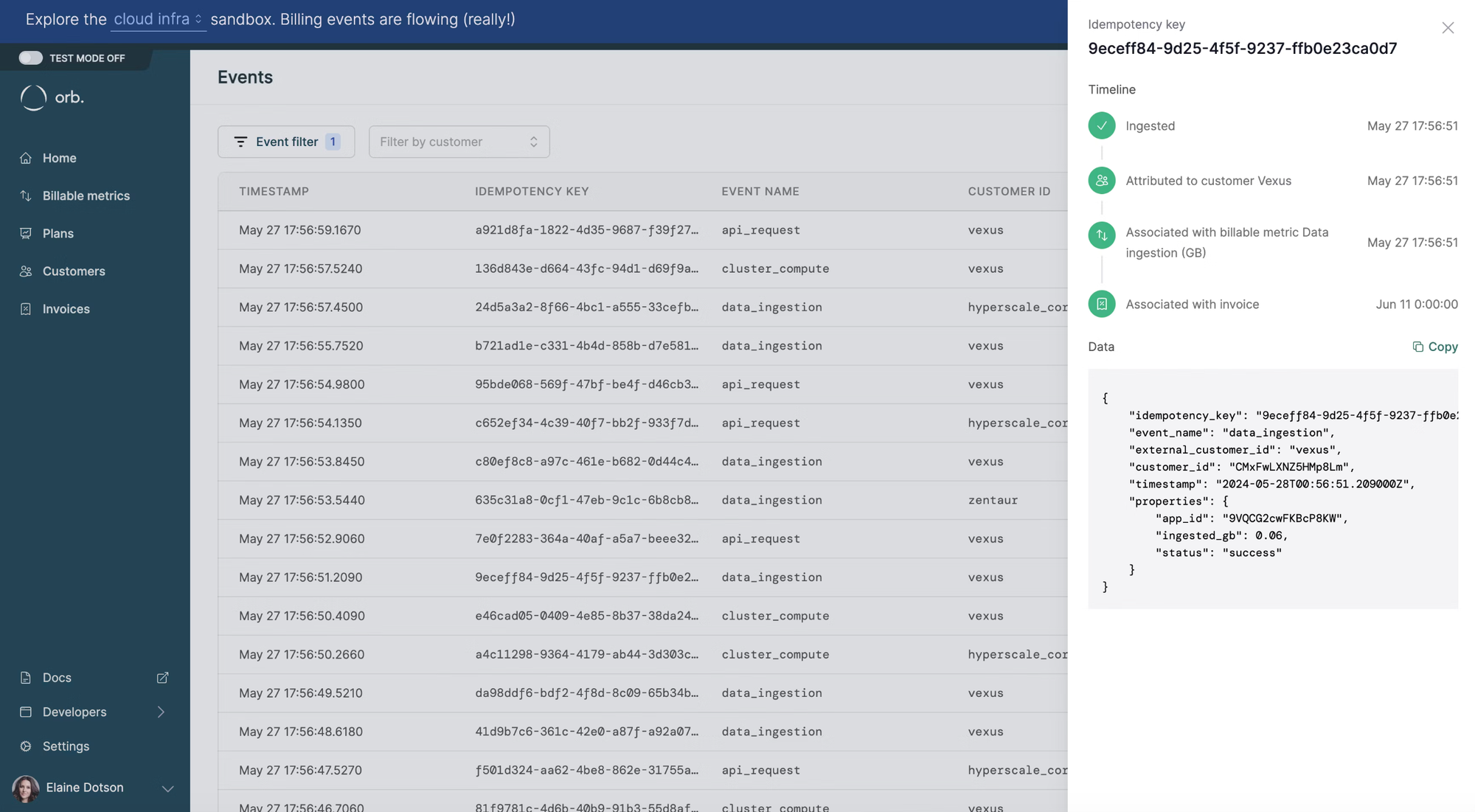 Table view of events ingested showing event names and customer IDs.