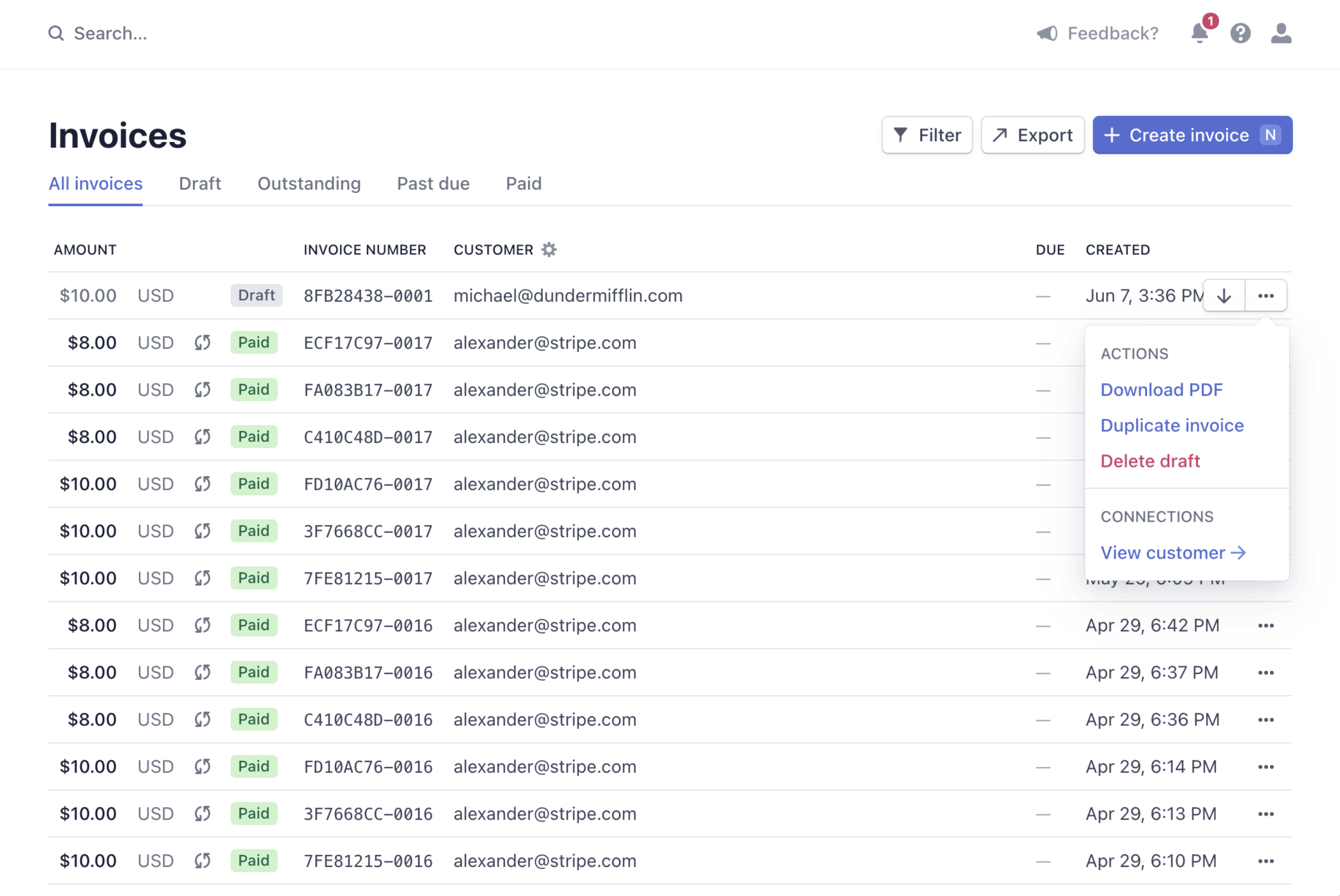 Table view of invoices showing invoice numbers, customer email, and date.