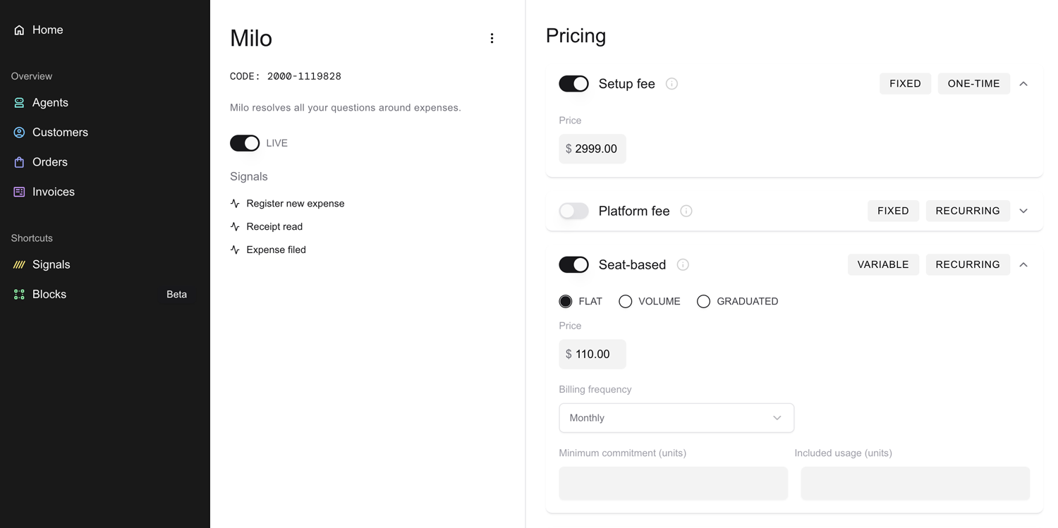 White background with pricing components including seat based and setup fee.