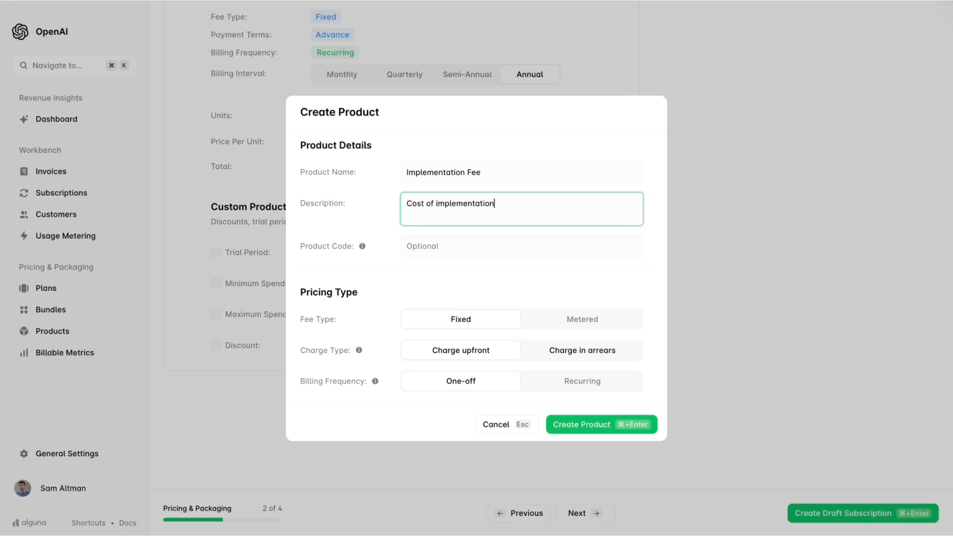 White "Create Product" modal on a blurred background.