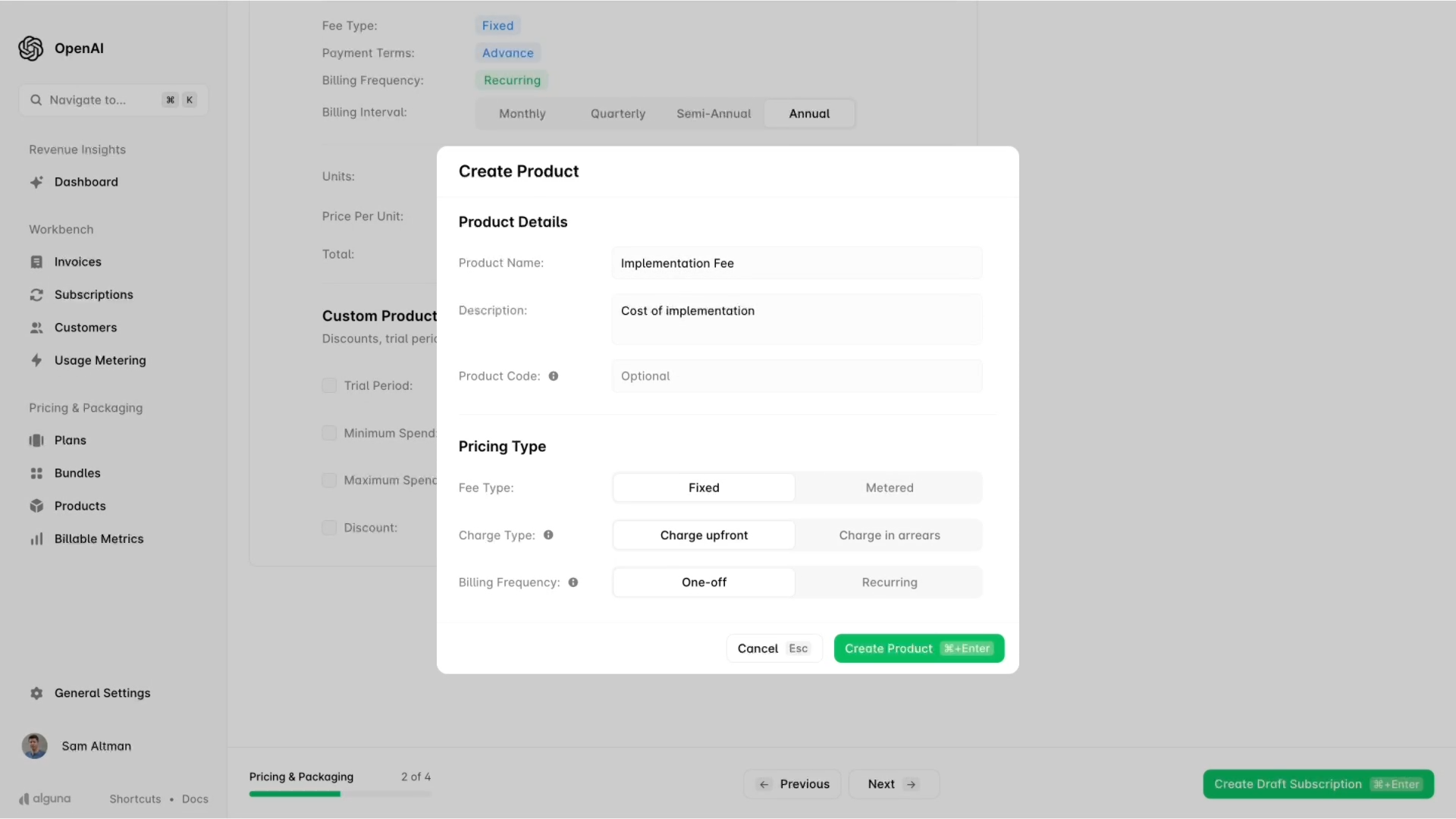 White modal with fields to insert product details.