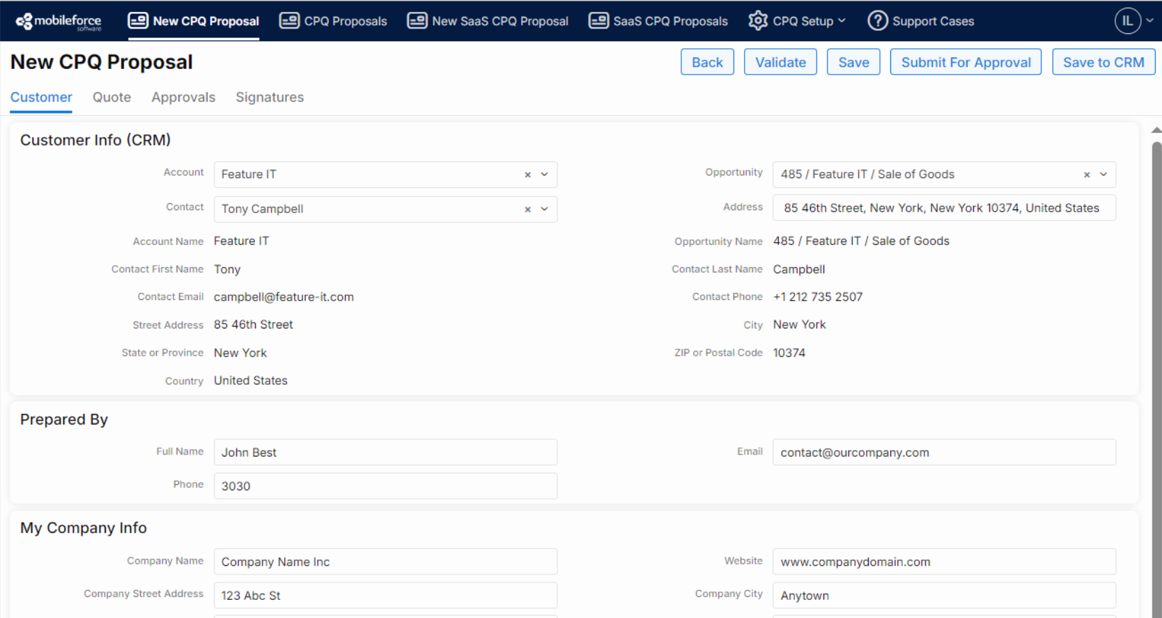 Two column split on a white page with forms to insert customer information.