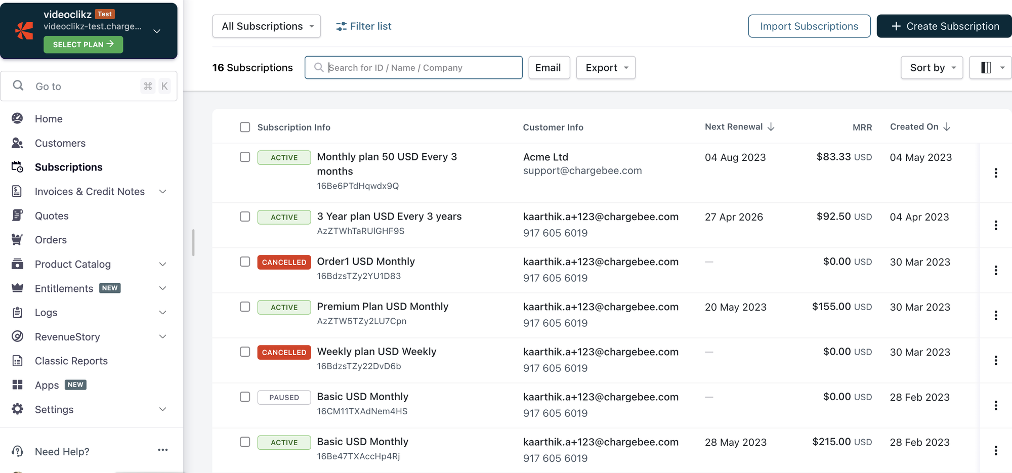Subscription overview in Chargebee.