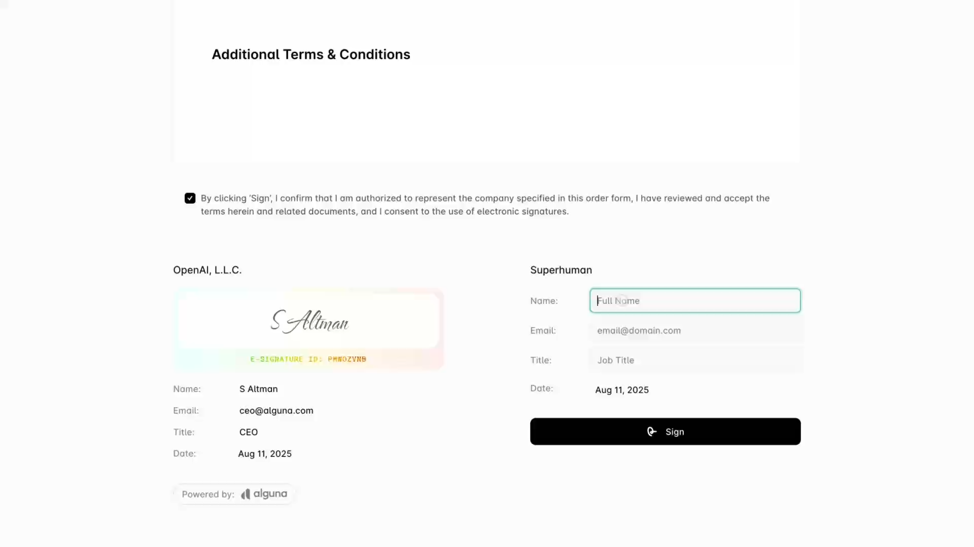 Digital contract with forms for signatures.