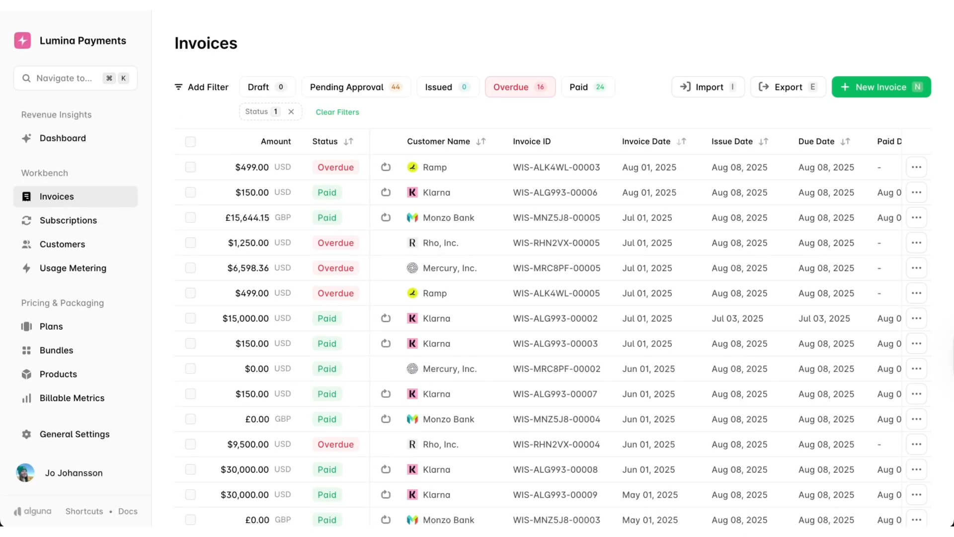 Table view of invoices in Alguna.