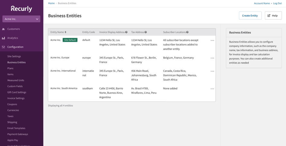 Table view of multiple business entities in Recurly.