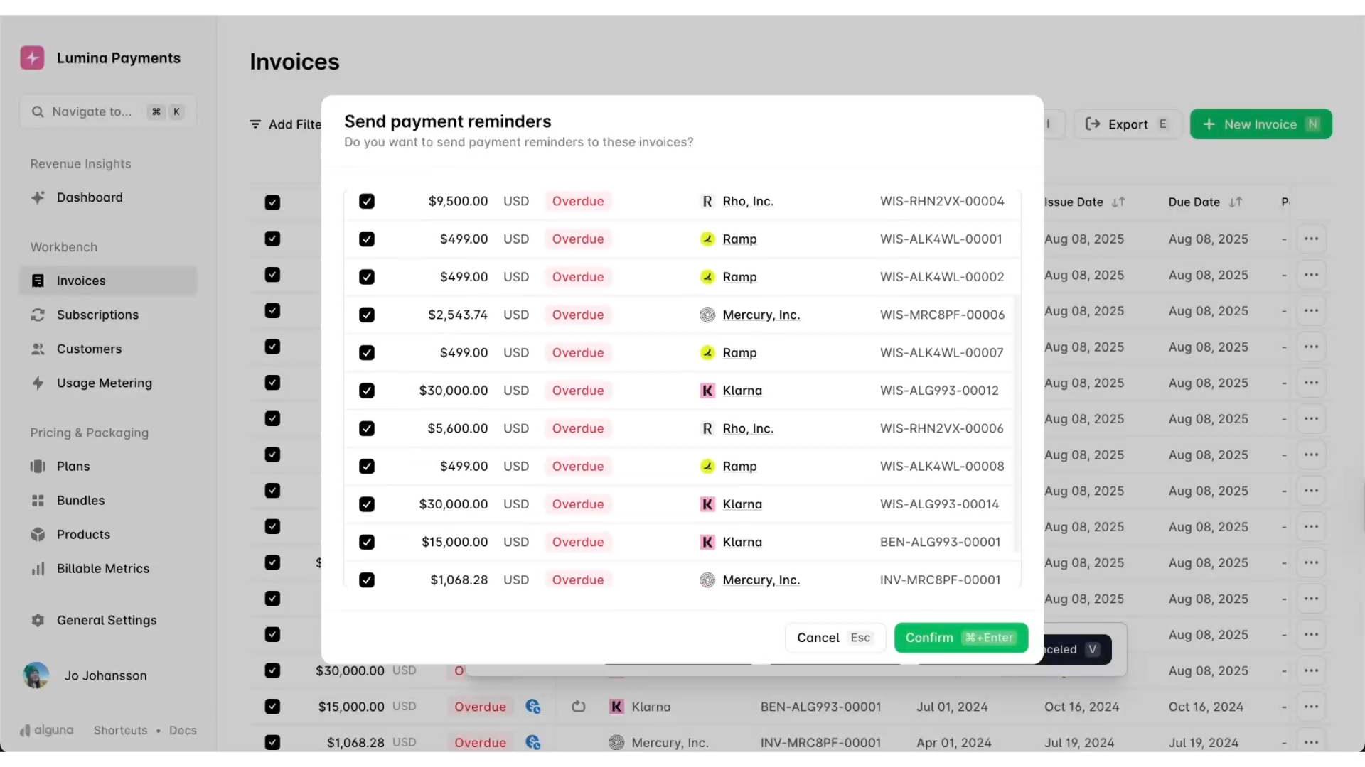 Modal showing list of overdue invoices in Alguna.