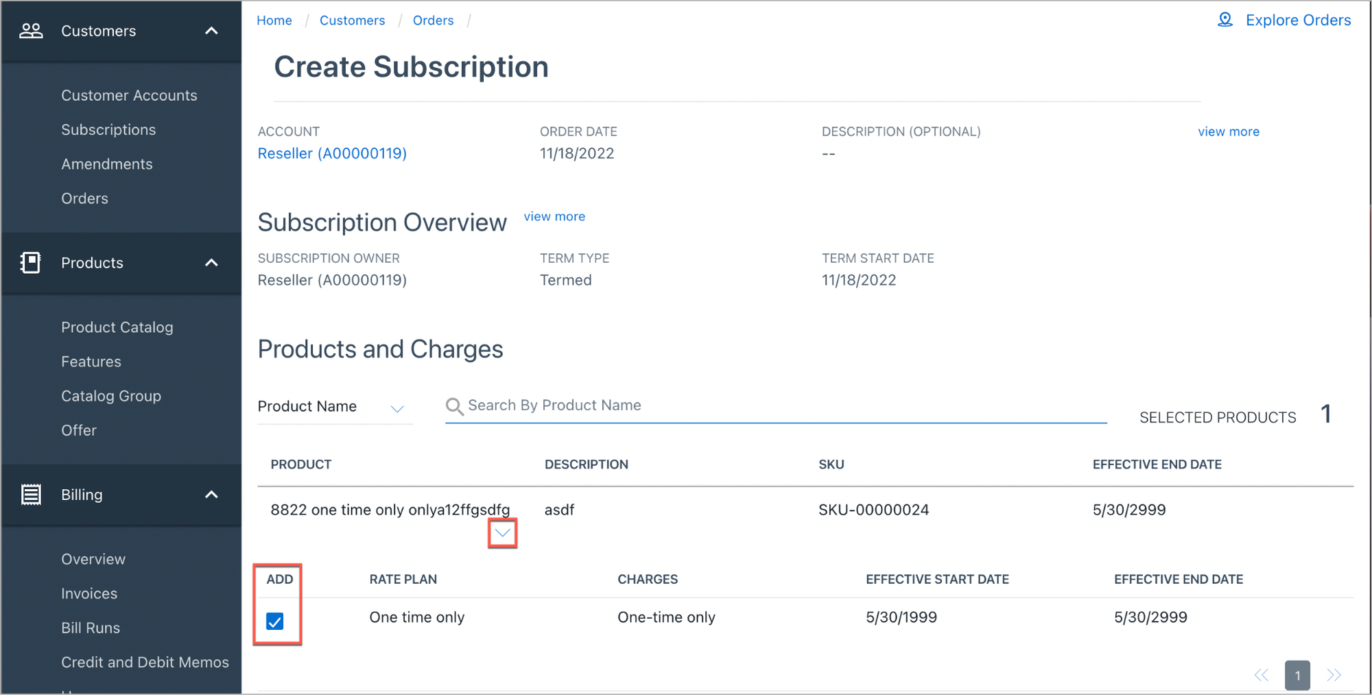 Create a subscription view in Zuora with multiple elements including overview, products, and charges.