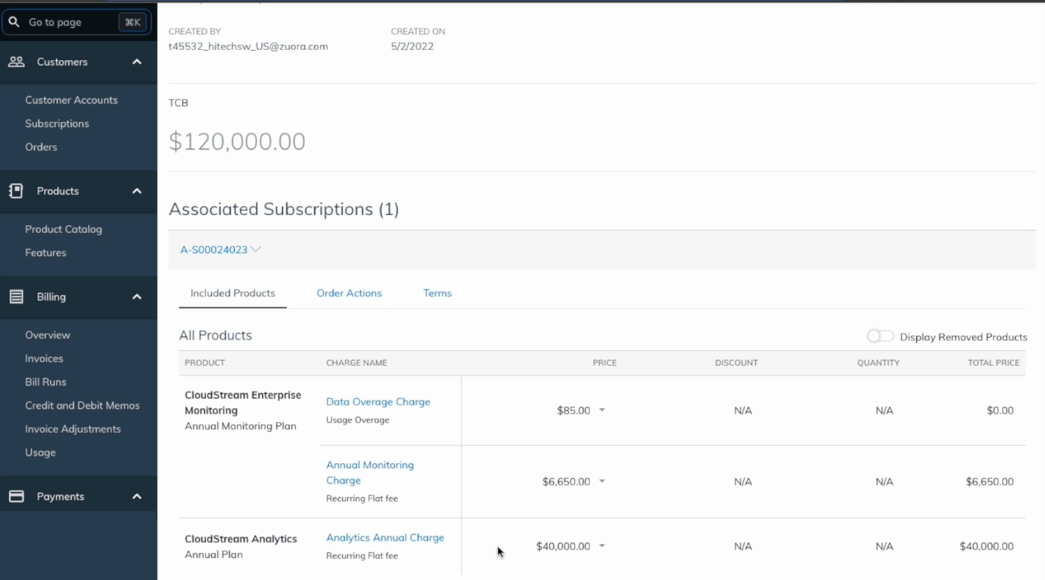 Subscription details in a table view in Zuora CPQ.
