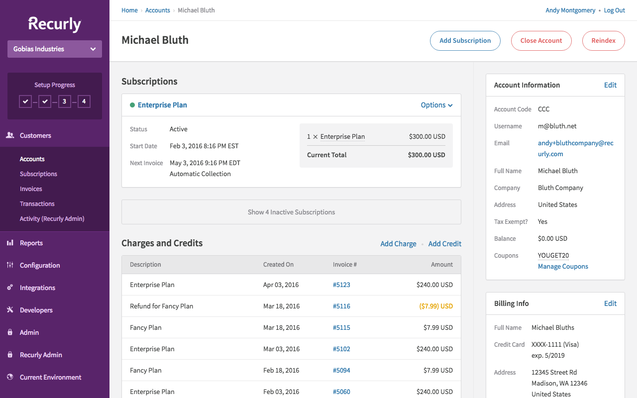 Subscription overview in Recurly showing basic account information and charges and credits.