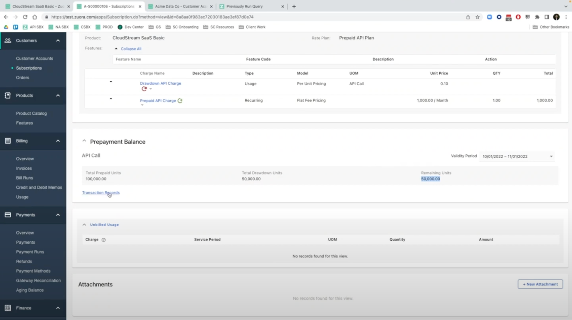 Payment view in Zuora.