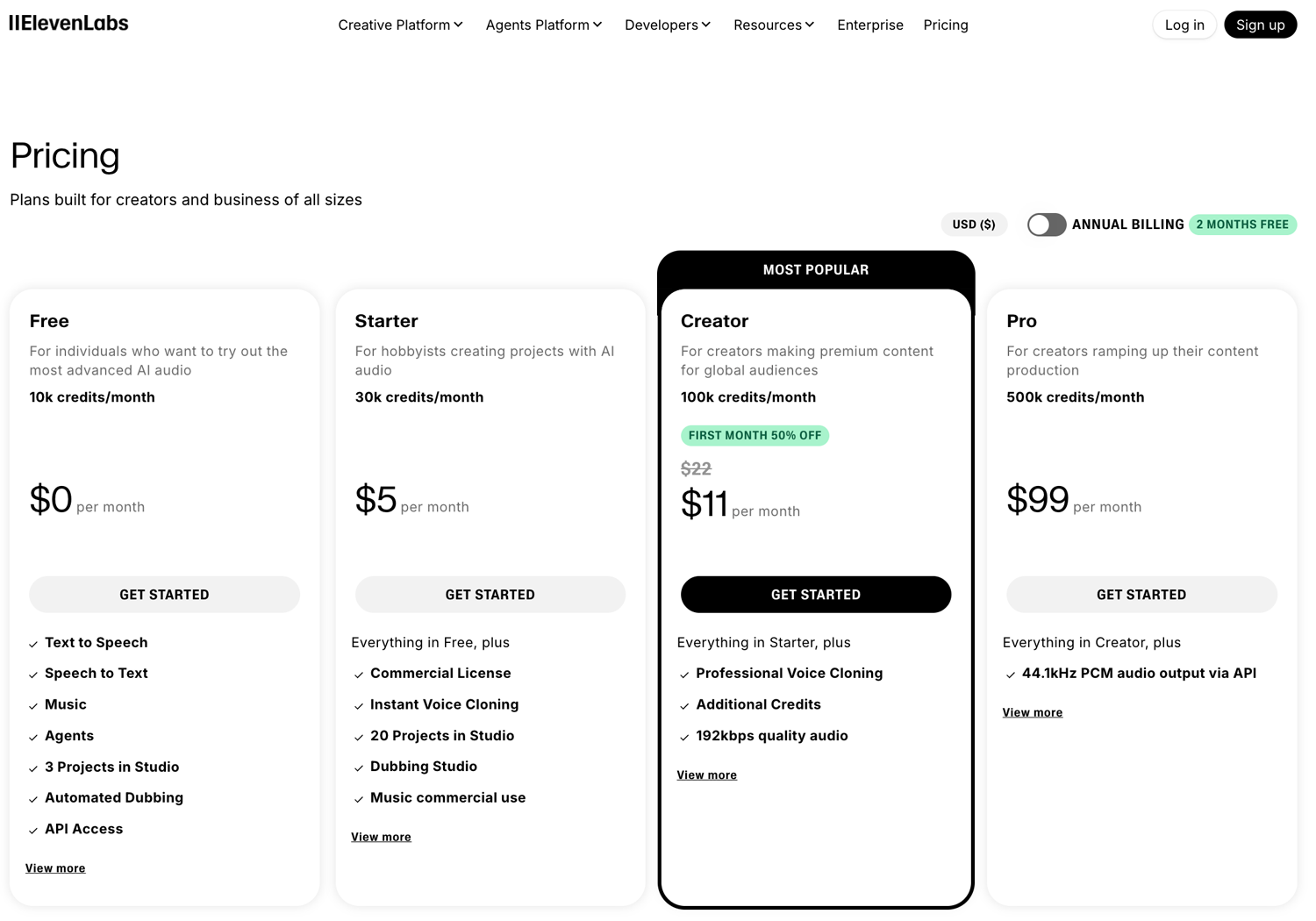 ElevenLabs pricing plans.