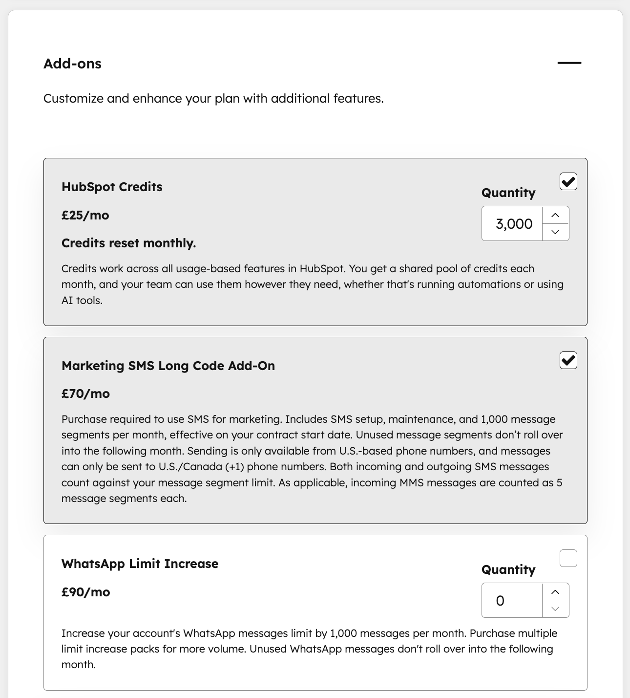 Add-on options in HubSpot.