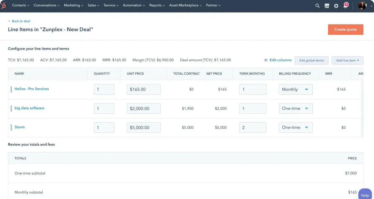 Configuring line items in HubSpot CPQ.