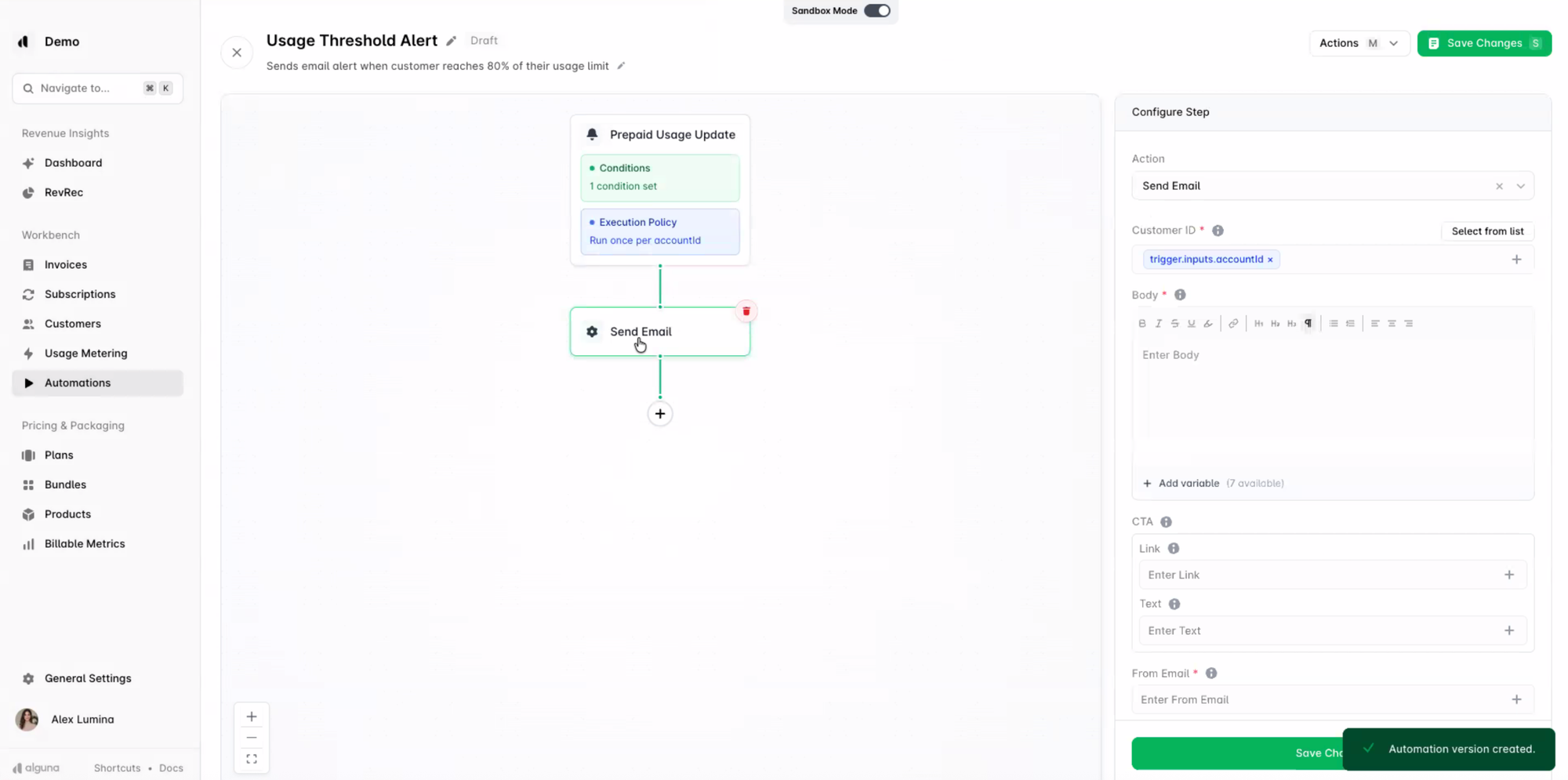 Setting up usage threshold alerts in Alguna as a bill shock guardrail.
