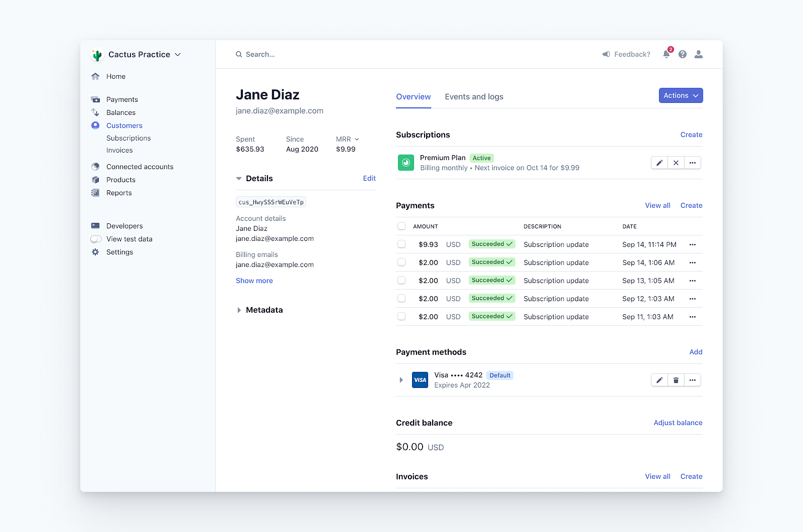 Customer page in Stripe Billing.
