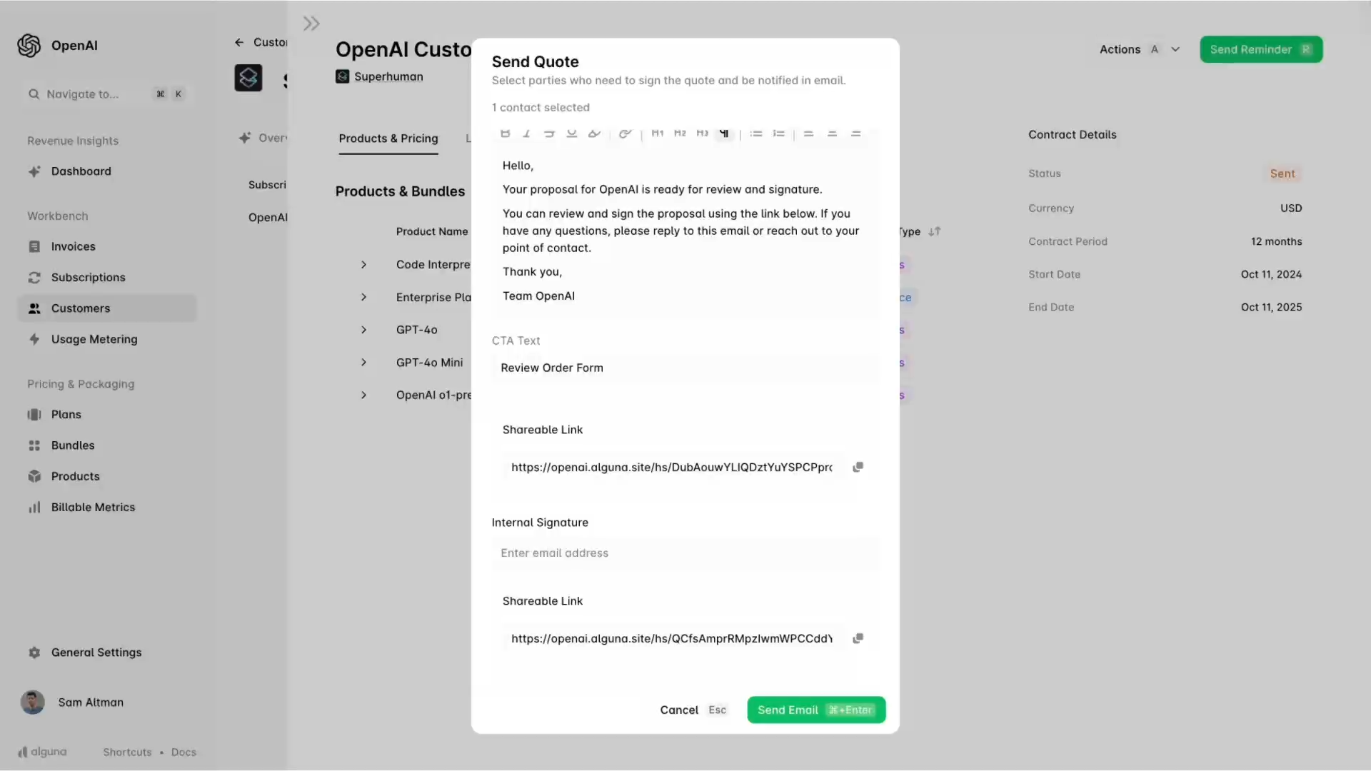 Customize email before sending quote in Alguna.