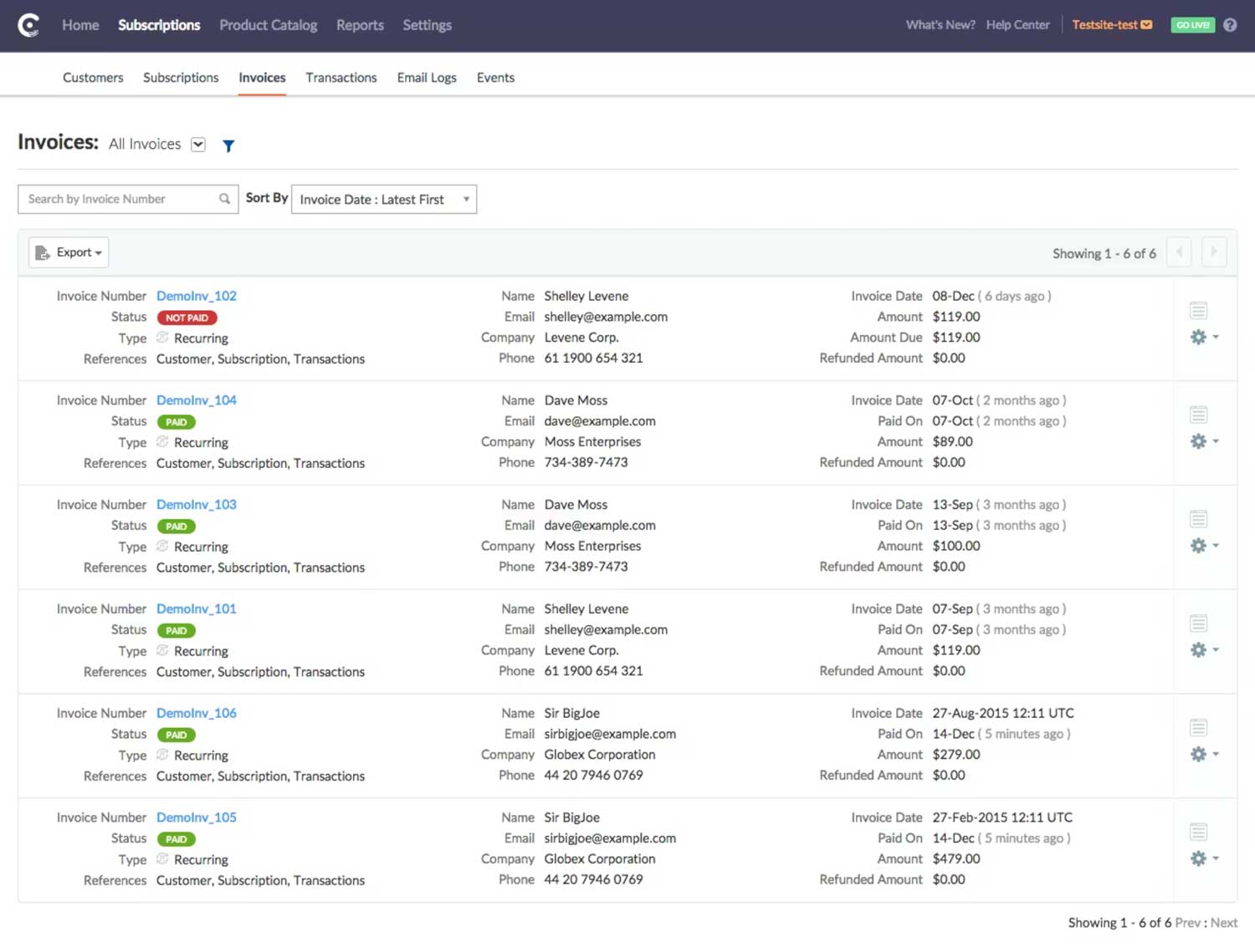 Invoice view in Chargebee.