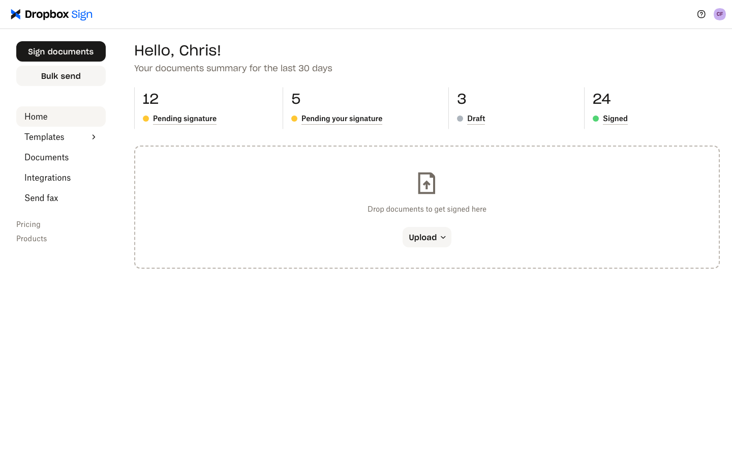 Home screen in Dropbox Sign.