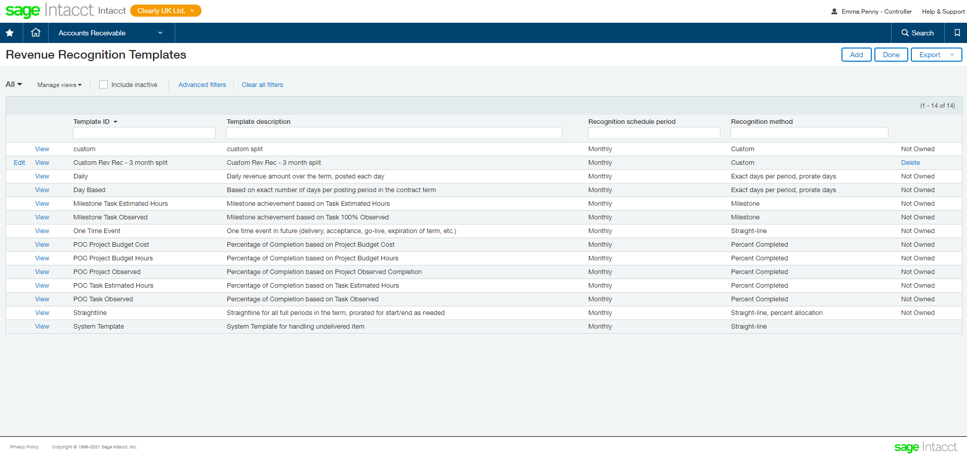 Revenue recognition in Sage Intacct.