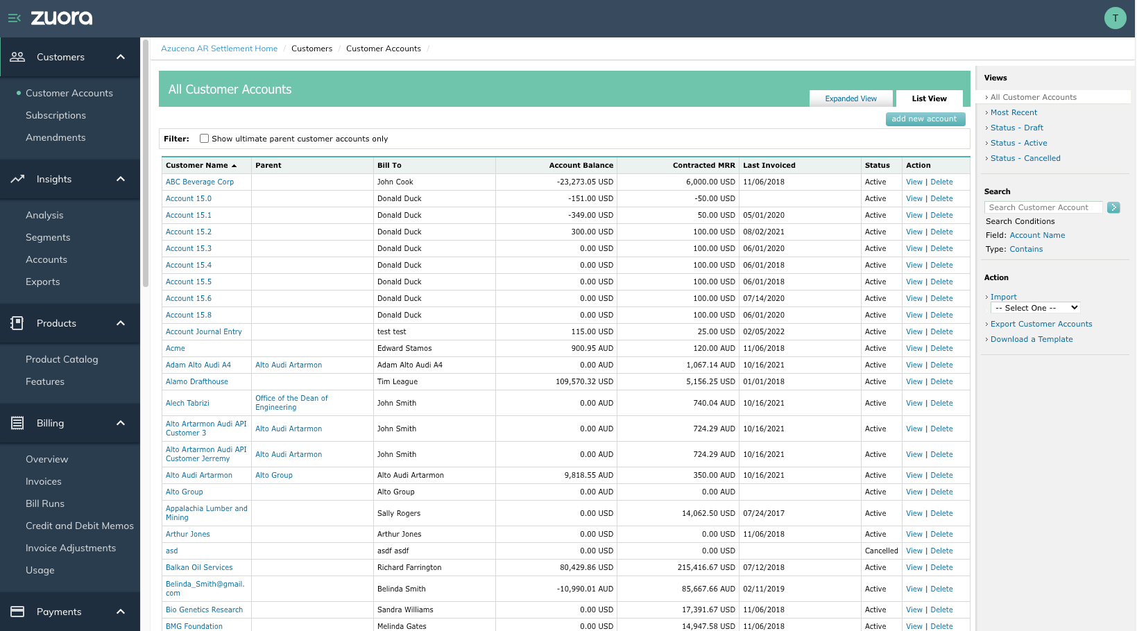 Account view in Zuora.