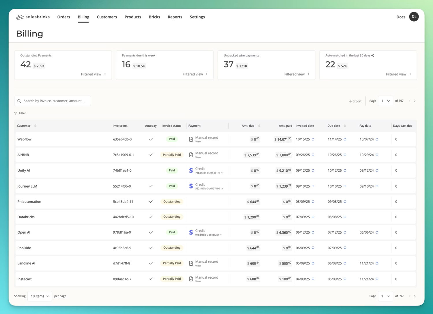 Salesbricks Billing overview.